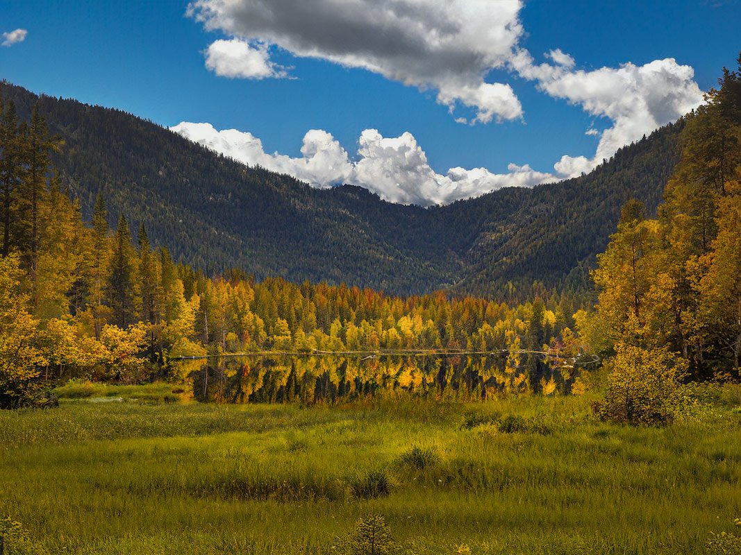 A serene view of Hintersee Lake surrounded by autumn trees with vibrant foliage, reflecting the landscape against a backdrop of towering forested mountains under a blue sky with white clouds.